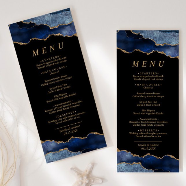 Menú Boda de caligrafía de oro azul de negro y mar (Subido por el creador)