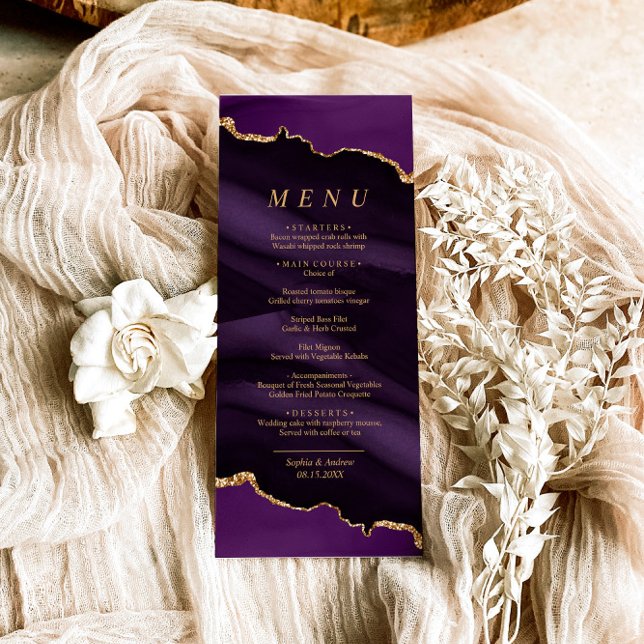 Menú Boda de caligrafía de oro negro y púrpura (Subido por el creador)