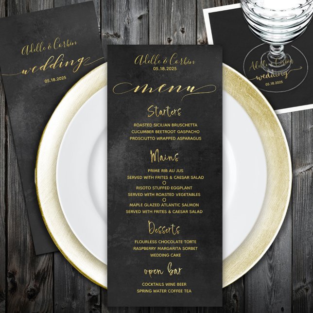 Menú Boda de caligrafía de oro y pizarra negra (Black Chalkboard & Gold Calligraphy Wedding Menu that is fully editable for your special occasion.)