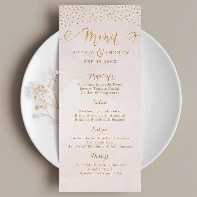 menú boda de caligrafía dorada de rosa purpurina d (Blush glitter rose gold calligraphy wedding menu)