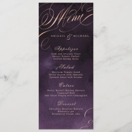 Menú boda de caligrafía dorada rosa morado