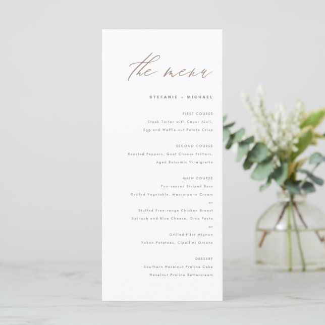 Menú Boda de caligrafía elegante de Taupe (Anverso de pie)