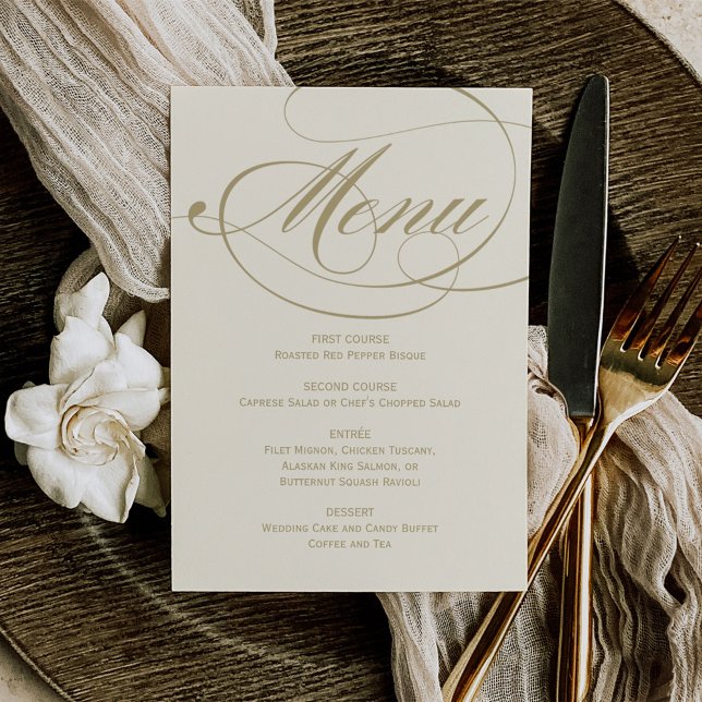 Menú Boda de caligrafía elegante en marfil y oro (Subido por el creador)