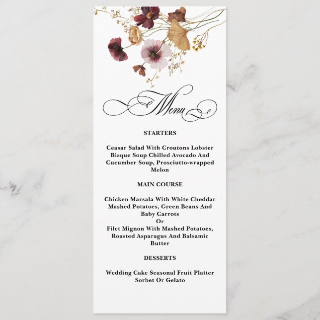 Menú Boda de caligrafía floral acuarela de flores silve (Anverso)