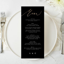 Menú Boda de caligrafía moderna de oro negro blanco