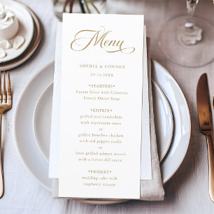 Menú Boda de caligrafía romántica y clásica oro y blanc