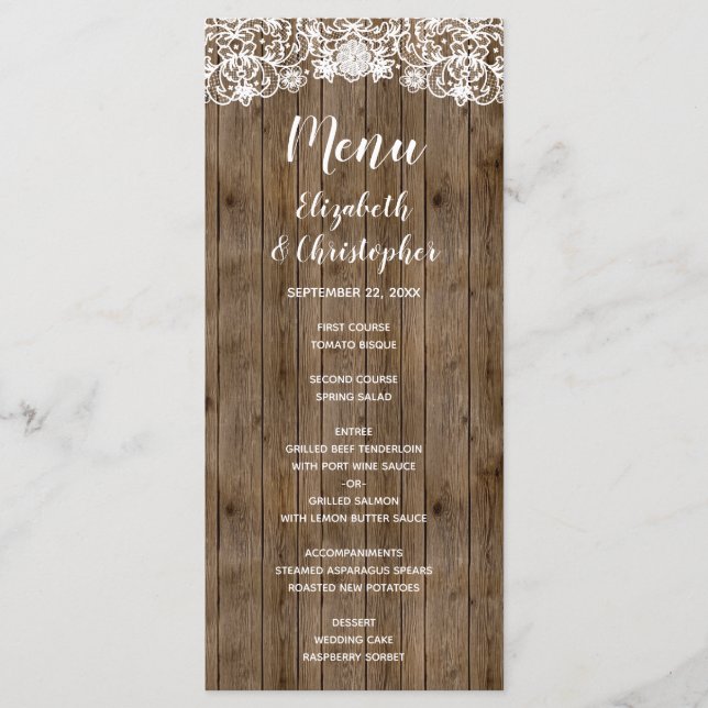 Menú Boda de caligrafía Rustic Barn Wood Lace (Anverso)