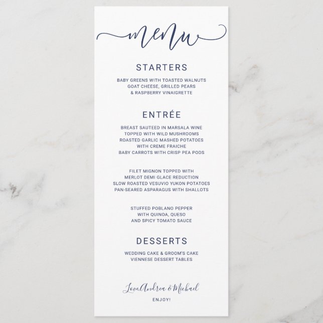 Menú Boda de Caligrafía Saltarina con Remolinos (Azul M (Anverso)