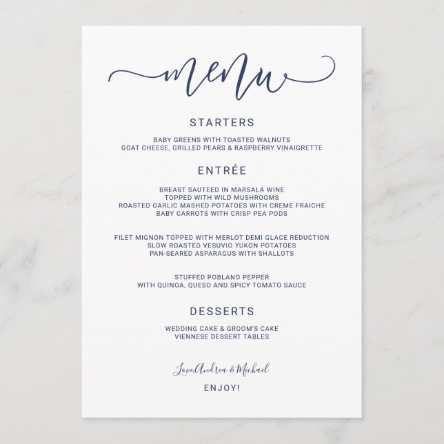 Menú Boda de Caligrafía Saltarina con Remolinos (Azul M (Anverso)