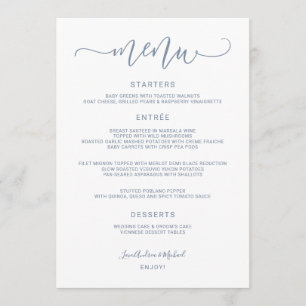 Menú Boda de Caligrafía Saltarina con Remolinos (Azul P