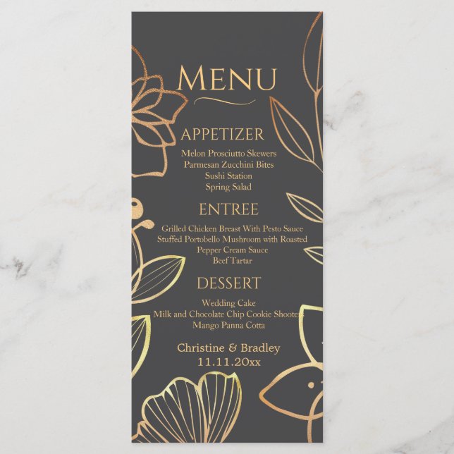 Menú Boda de carbón vegetal y oro (Anverso)