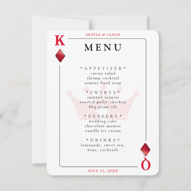 Menú Boda de cartas de Rey y Reina de diamantes (Anverso)