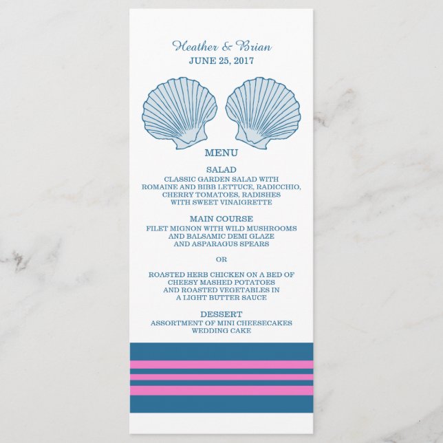 Menú Boda de casetas náuticas de color rosa azul (Anverso)