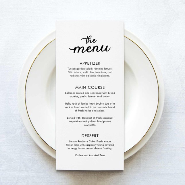 Menú Boda de cena simple y elegante (Elegant Minimalist Wedding Menu Card)