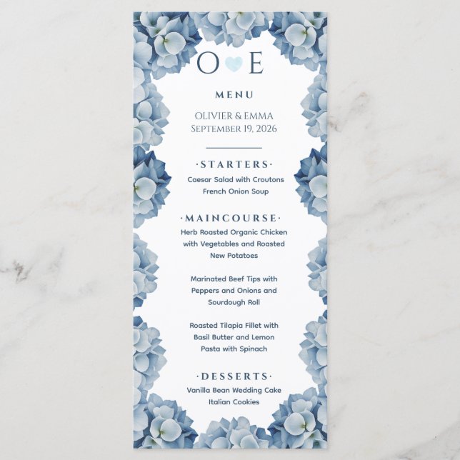 Menú Boda de Cinta de Hortensia Azul Elegante (Anverso)