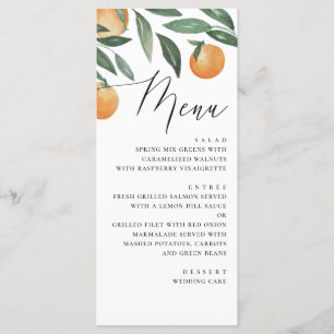 Menú Boda de cítricos acuarela. Naranja floral de veran