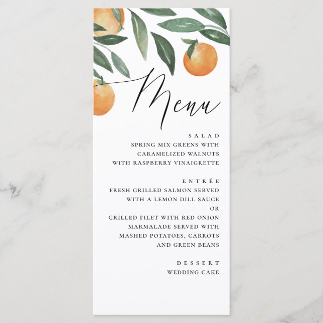 Menú Boda de cítricos acuarela. Naranja floral de veran (Anverso)