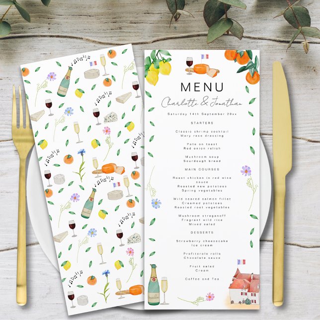Menú Boda de Citricos Bohemios Franceses de Limon y Nar (Lemon and orange french chateau citrus boho wedding menu watercolor )