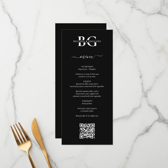 Menú Boda de código QR de Iniciales de Monograma Blanco (Anverso/Reverso In Situ)