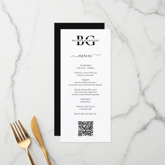 Menú Boda de código QR de Iniciales de Monograma Blanco (Anverso/Reverso In Situ)