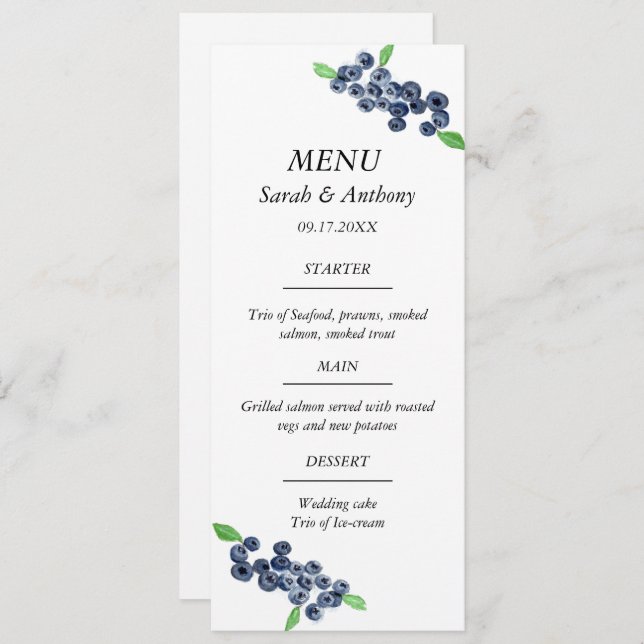 Menú Boda de color azul de fruta azul (Anverso / Reverso)