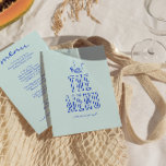 Menú Boda de color brillante trenzado a mano retro<br><div class="desc">Un colorido menú retro funky moderno y luminoso para la cena boda. Que presenta el diseño de plantilla de moda de fondo azul cielo boho vintage y tipografía azul y menú escrito a mano en azul y a mano dibujado pedazo de pastel y vidrio y flor y vela. Y fondo...</div>