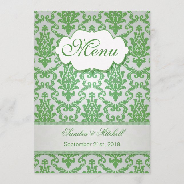 Menú Boda de color de manzana verde Damask (Anverso)