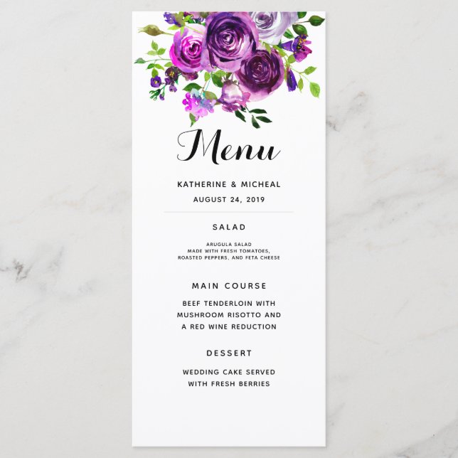 Menú Boda de color morado floral (Anverso)