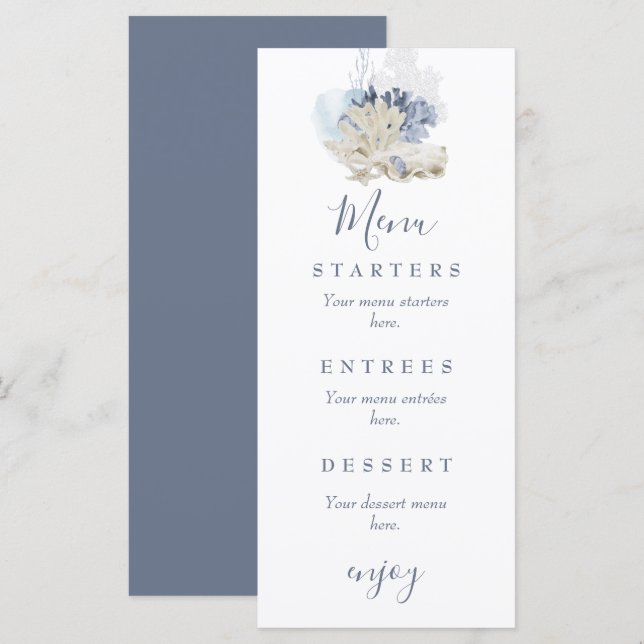 Menú Boda de concha marina azul de playa costera (Anverso / Reverso)