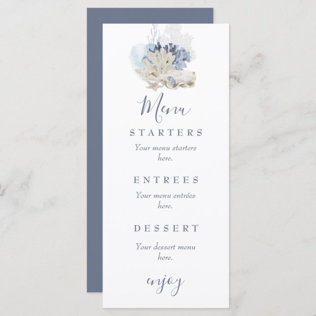 Menú Boda de conchas azules en la playa costera (Anverso / Reverso)