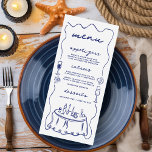 Menú Boda de conchas de cola de coctelería de mano<br><div class="desc">La carta de boda, de temática costera, es encantadora y casual, con doodles dibujados a mano en azul marino sobre un fondo blanco roto. Los ilustraciones incluyen copas de champán y cócteles de vino, conchas de agua salada, mesa y un borde sacudido y ondulado. El texto tiene un estilo de...</div>