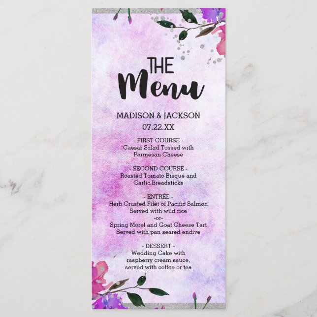 Menú Boda de confeti de marco morado floral y plat (Anverso)