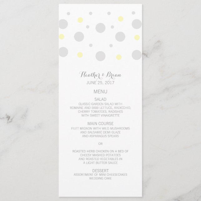 Menú Boda de confetti amarillo gris (Anverso)