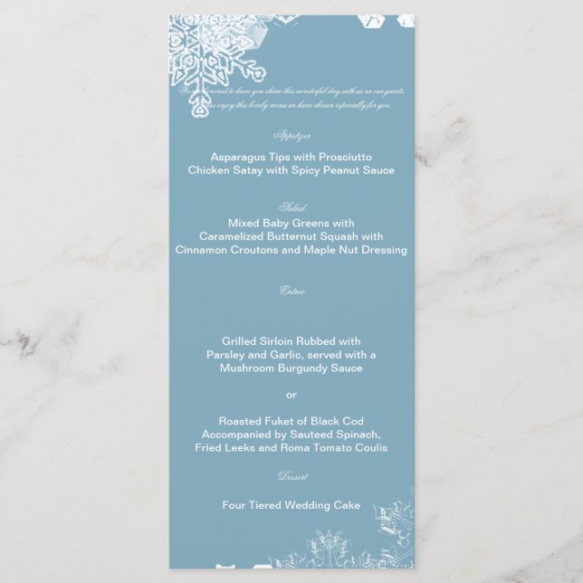 Menú Boda de copos de nieve blancos y azules en in (Anverso)
