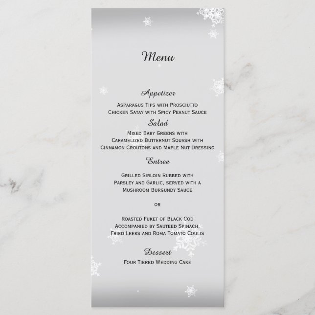 Menú Boda de copos de nieve blancos y plateados (Anverso)