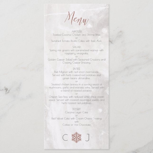 Menú Boda de copos de nieve de invierno Faux Rosa Gold (Anverso)