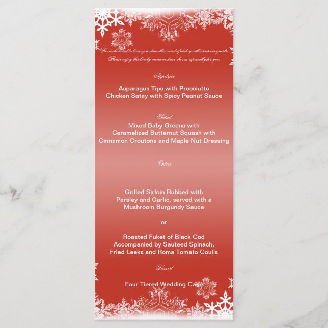 Menú Boda de copos de nieve rojos y blancos (Anverso)