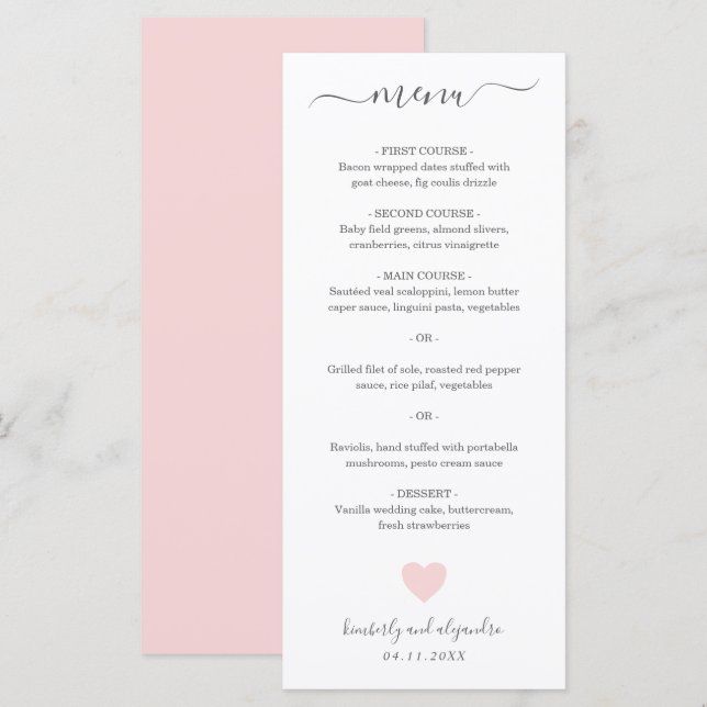 Menú Boda de Corazón Rosa Lindo (Anverso / Reverso)