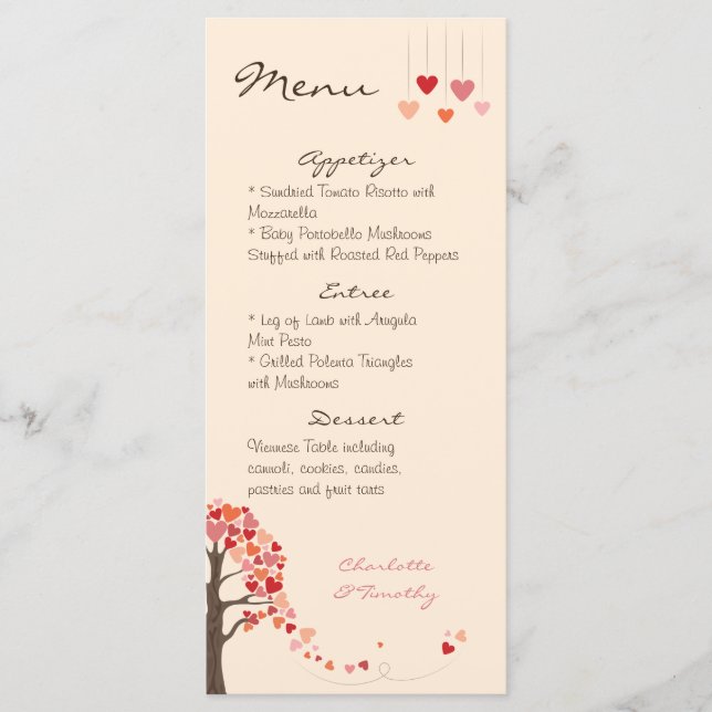 Menú Boda de corazones de árbol de amor (Anverso)