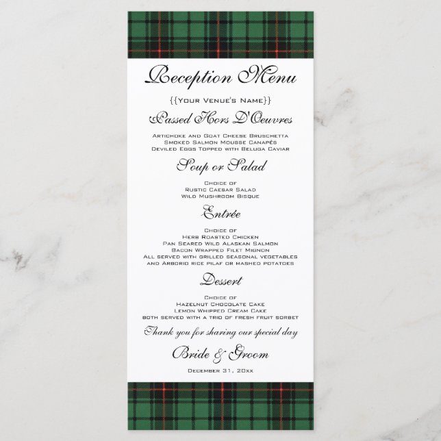 Menú Boda de cosecha, patrón moderno de Tartán Davidson (Anverso)