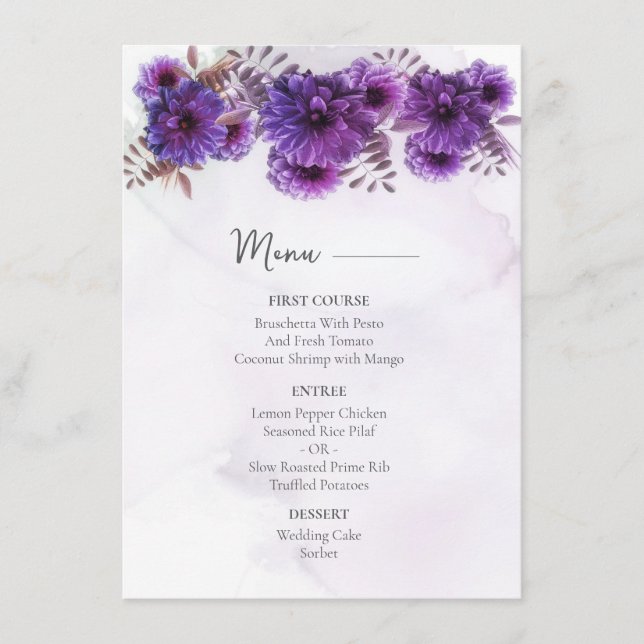 Menú Boda de Crisantemo de Acuarela Púrpura  (Anverso)