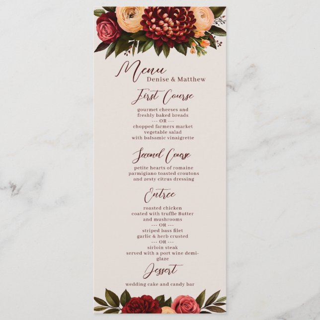 Menú Boda de crisantemo marfil-borgoña (Anverso)