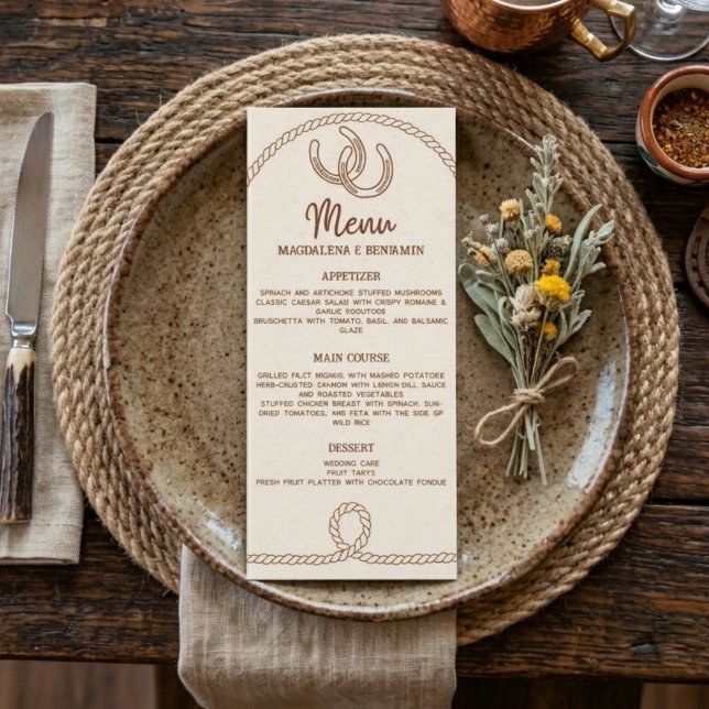 Menú Boda de cuerda rústica marrón occidental herradura (Subido por el creador)