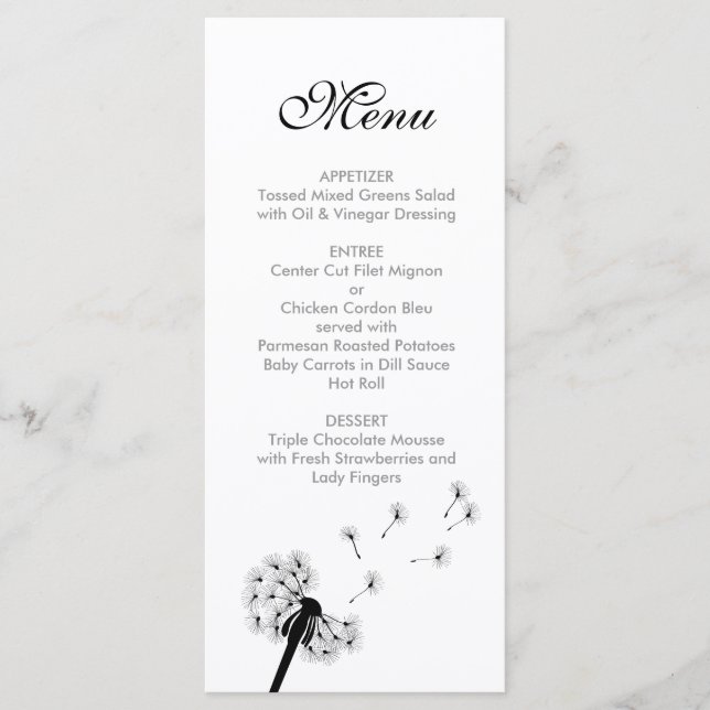 Menú Boda de Dandelion negro (Anverso)