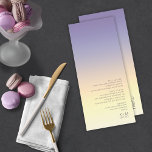Menú Boda de degradado de ánimo Indigo Sunset ID741<br><div class="desc">El fondo de las piezas de este minimalista conjunto boda es un gradiente de colores llamativos, desde el índigo hasta el melocotón y el amarillo más pálido. La carta del menú boda que se muestra aquí presenta un diseño elegante y moderno y una fuente sans serif contemporánea para añadir a...</div>