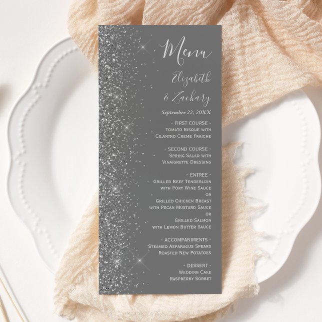 Menú Boda de destellos de plata gris moderno (Subido por el creador)