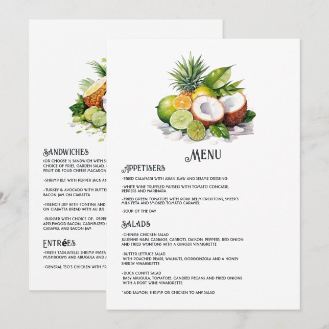 Menú Boda de destino caribeña con acuarela (Anverso / Reverso)