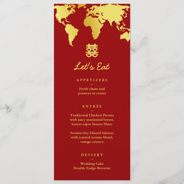 Menú Boda de destino con mapa rojo y dorado (Anverso)