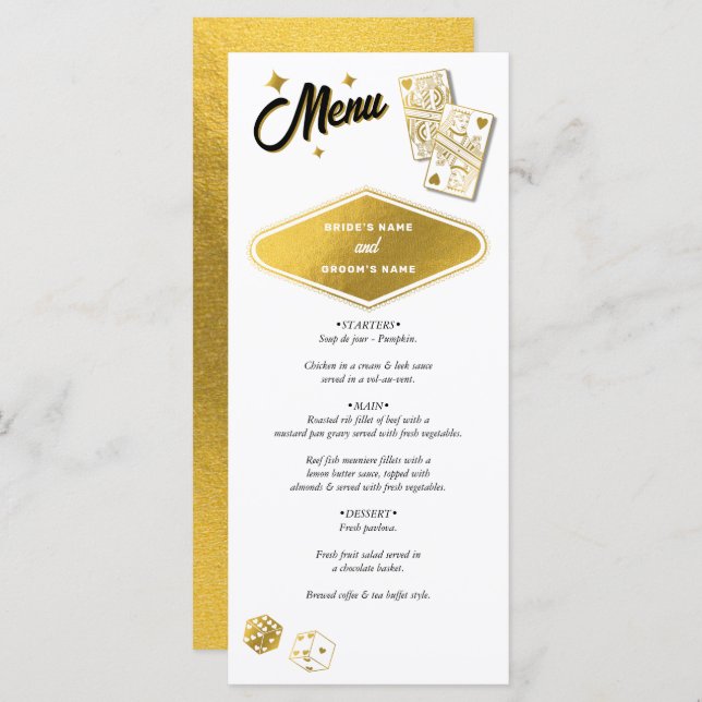 Menú Boda de destino de casino de Las Vegas de oro (Anverso / Reverso)