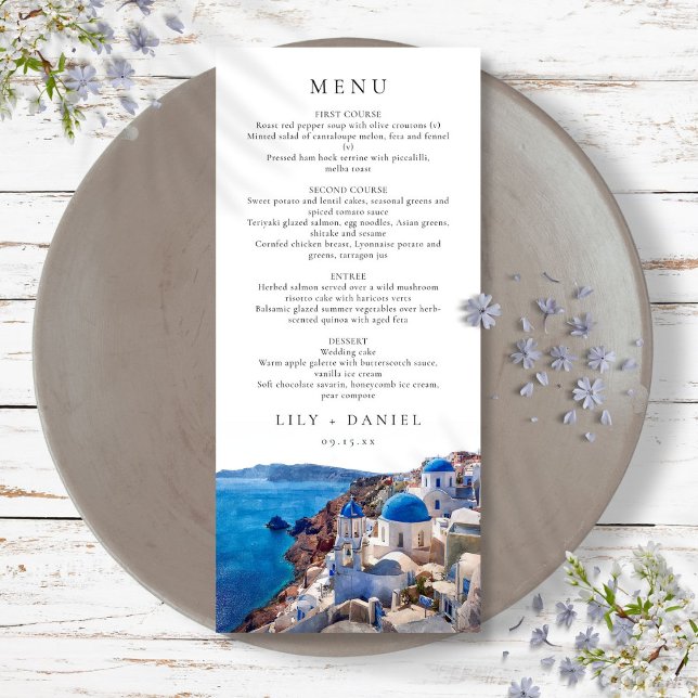 Menú Boda de destino en Santorini Grecia en acuarela (Watercolor Santorini Greece Destination Wedding Menu)